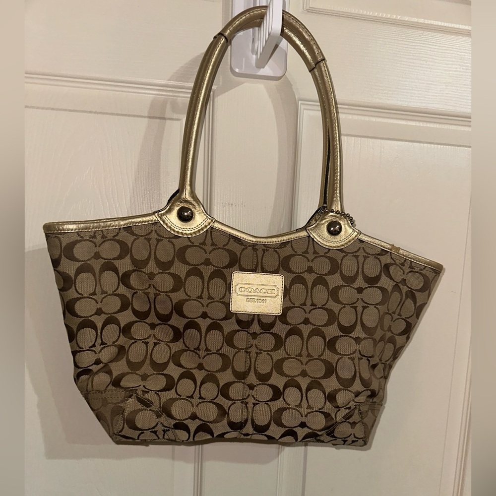 Coach Brown Signature Jacquard Bleecker brown Canvas Tote with Gold Trim Y2K